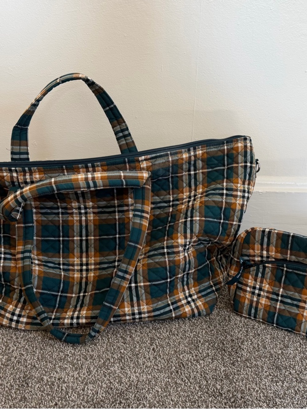 Vera Bradley Quilted Plaid Tote and Cosmetic Pouch in Teal, Brown, White